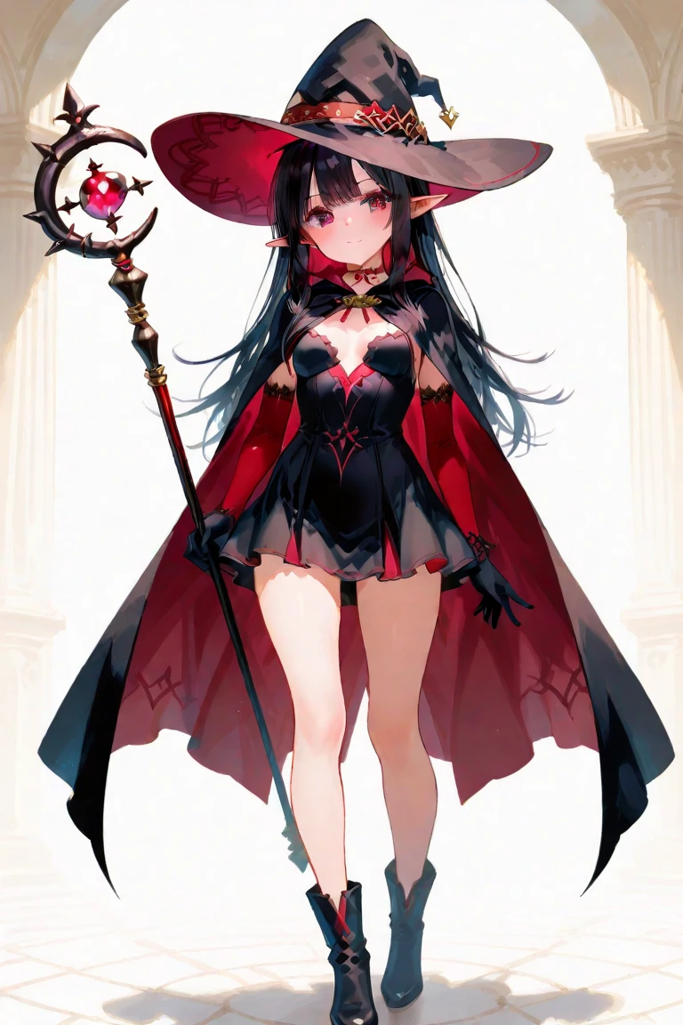 a close up of a person wearing a costume and a hat, demon anime girl, gothic maiden anime girl, fashionable dark witch, anime full body illustration, dark witch character, from arknights, trending on artstation pixiv, anime girl wearing a black dress, fullbody commission for, dark sorceress fullbody pose, beautiful elegant demon queen, dark demonic dancer, 4k, very detailed, red palace background, charming, Indonesia flag in background, amazing artwork