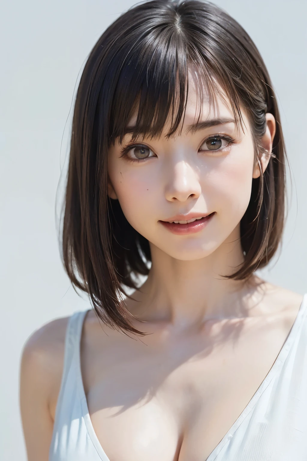 1 girl, alone, Shiny skin, chest, very detaileded, ultra detaileded, Ultra-high resolution, whole body, (Photorealism:1.4), (highest quality), (Best Shadow), Ulzzang-6500, detailed, Perfect lighting, Black Hair, ((Showpiece, highest quality, High precision)), One Girl, (big chest, Realistic: 1.4), (look up at the camera even a little, カメラをlook up, look up, look up at the camera, Looking into the camera))), alone, , White Background, snow-White Background, shut up., smile, pretty Black Hair, short hair:1.6, Big eyes, Transparent double eyelids, eyelash, listen, Long neck, Long neck, Absolute area, ((Face close-up, short hair with bangs)), 19 years old, Attractive proportions, Shiny skin, Beautiful clavicle, Golden ratio face, Perfect Face, Teardrop-shaped mole, chestのほくろ, bangs, clean bangs, beautiful bangs, Lip gloss, Thin lips, White skin, I took off my clothes, big chest, Small face, Small face, 少し上を向いてLooking into the camera, ((smile a little for the camera, really nothing pure White Background, Listen carefully、very big big chest, big chest))