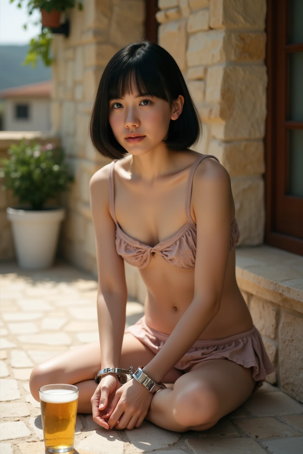 Little girl on top,Looking down,from below,White light panties,sitting on a swing,Crotch view,bottom angles,Mocking expressions,Smiling,White light bandeau,Large angle upward view,the sky background