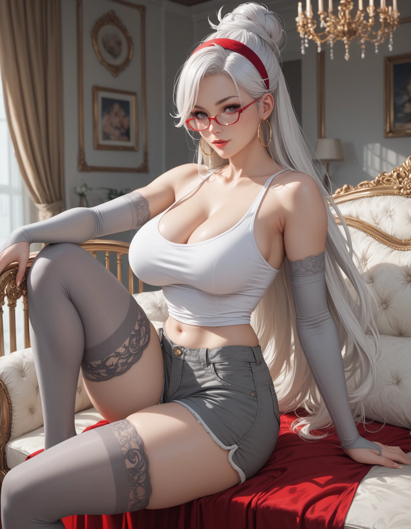 Red lingerie white hair girl,Lick lip,huge tit,Half-rimmed glasses,white stockings,