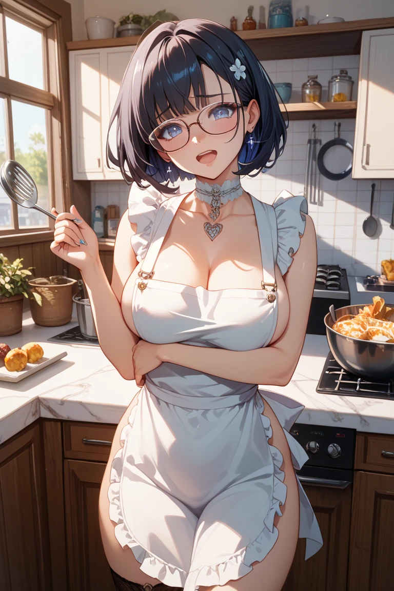 (dynamic angle:1.3, front view:0.9, breast focus:1.3, from below:1.2), (dynamic posing:1.5, sexy posing:1.3, leaning forward), (seductive smiling:1.3),masterpiece, 1girl, pointed chest:1.3,(double breasted:1.2,under bust:1.2), Amazing Cleavage:1.3, thin waist, big ass, Raised sexy, small breast: 1.2 posed cleavage:1.2、solo, looking at viewer, open mouth, silver bronde hair, blue eyes, bare shoulders, collarbone, sidelocks, hairband, sapphire earrings, indoors, red off shoulder sweater dress, arms behind back, short hair with long locks, blue gold hairband, big side hair, very long side hair is rendered in (masterpiece: 1.2, best quality), with (ultra high resolution) and an exquisite (depth of field). This masterpiece is not only visually stunning but also tells,A scene of cooking in the kitchen