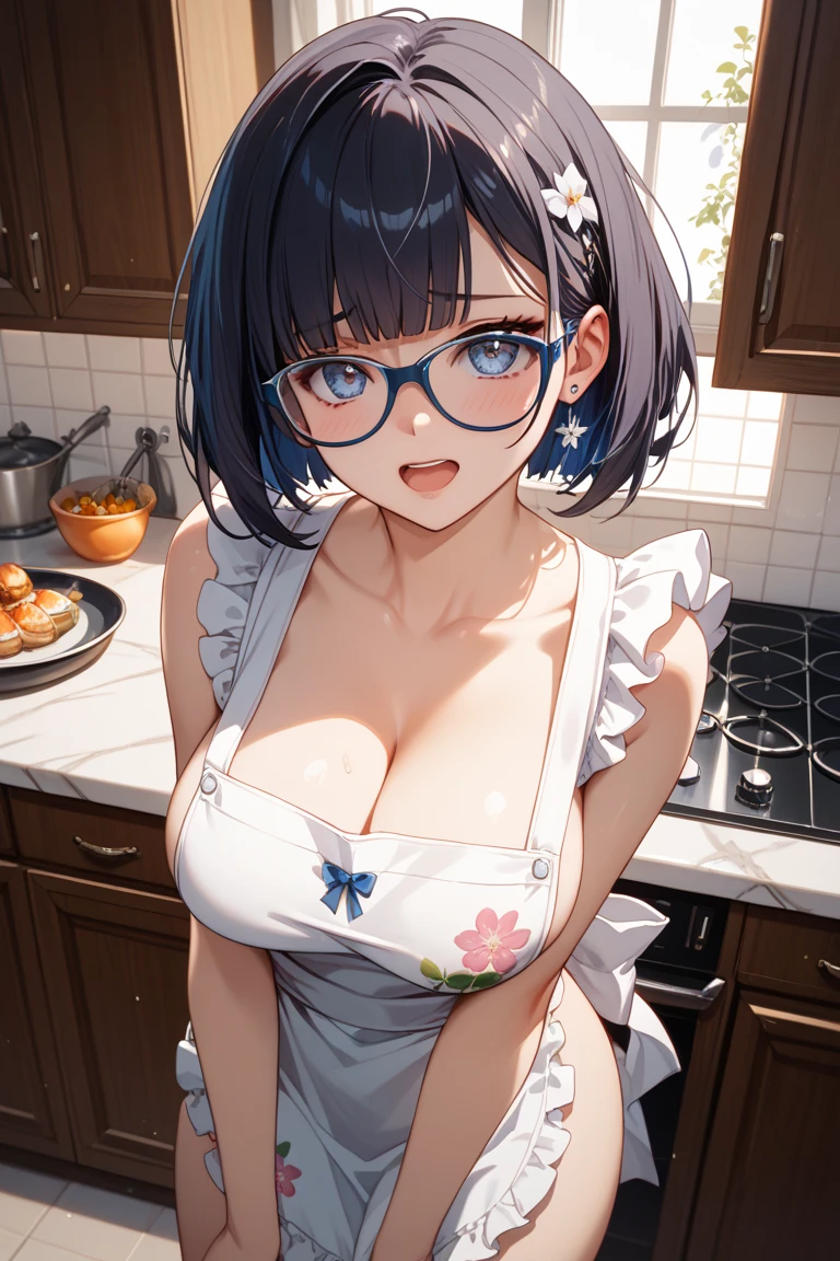 Beautiful young teenager, 1girl, purple hair, blue eyes, extremely short hair, freckles on face, happy, smiling, blushing, thin frame eyeglasses, thick lips, full lips, huge breasts, extreme cleavage, deep cleavage, very thin body, naked apron, wearing nothing but an apron, sleeveless, bare arms, choker, perfect anatomy, kitchen background, countryside, detailed background, ultra-detailed, 4k, 8k, best quality, masterpiece