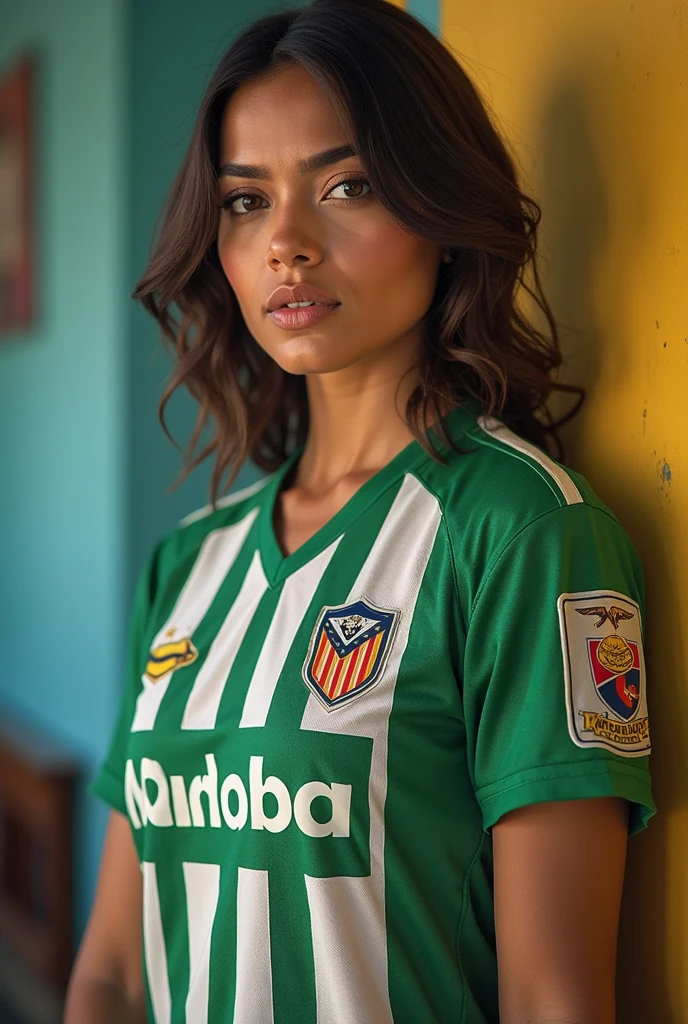 1 fille dans, 19 ans,qui joue au football , Seulement, photo realiste , une belle fille kabyle algérienne, cheveux brun clair ondulés, Kabylian hair style, Cheveux mi-longs, beau visage berbère kabyle, yeux vert, peau claire, visage mince, corps des coureurs, portant une tenue de football de l’equipe de la colombie, (peau texturée, pores de la peau:1.1), chair de poule, pose séduisante, (Extérieur:1.1), maison modern en arriere plan, ensoleillé, Lumière naturelle, Nikon Z8 + NIKKOR Z 24-120 mm f../4S