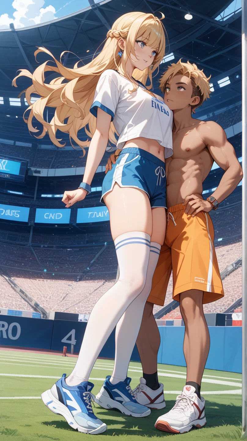 2 people. beautiful blonde woman, perfect body, long hair, sportswear, on an athletics track, sitting. Man massages woman's crotch