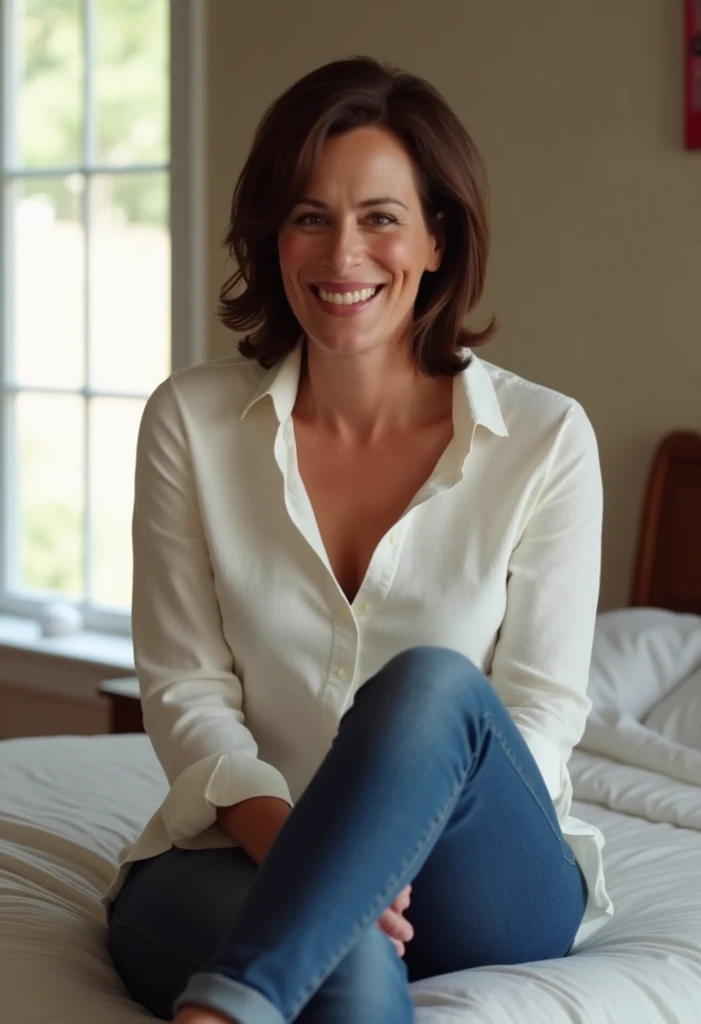 45-year-old Caucasian woman in Europe, Wrinkles on the face,Shoulder-length dark blonde Chanel hair,no-makeup, tiny chest,Average waist,Thick thighs,Average calf,Open legs, Gaze on the viewer, slightly turned to the side,In the living room in the evening,Sitting on a small sofa, White cotton shirt with large collar on bare skin,Gray knee-high skirt,Detailed pictures of the whole body,Realistic photos