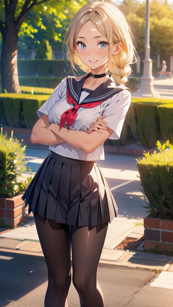 Gray eyes, Korean school uniform, Summer shirts, Ribbon Tie, skirt, Bright Blonde, School stairs, going down School stairs, Chest thrust pose, Chest show-off pose, 8K RAW Photos, high resolution, 16 year old Korean is cool, Very round breasts, Beautiful eye details, Long eyelashes, Beautiful double eyelids, Eyeshadow, Eyeliner, Slender eyes, Elongate the shape of the eyes, Three white eyes, Evil smile, Expression, Very beautiful slender legs, Beautiful and slender thighs, Random medium-length hair, hair tied behind the head, earrings,