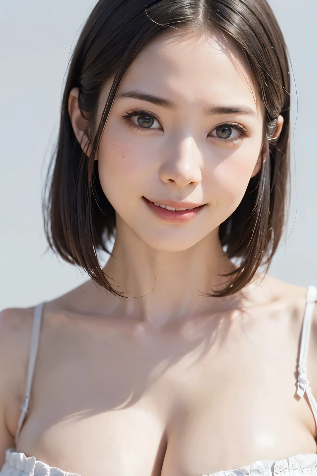 ((highest quality, 8k, best image quality, super high definition)), beach, beautiful girl, 20 years old, Japan person, neat and clean beautiful girl, solo, flat breasts, small breasts, baby face, round contour, attractive smile, white teeth, ultra high detail and beautiful skin, fair skin, black hair, short bob hair, white micro bikini, super detailed and beautiful face,