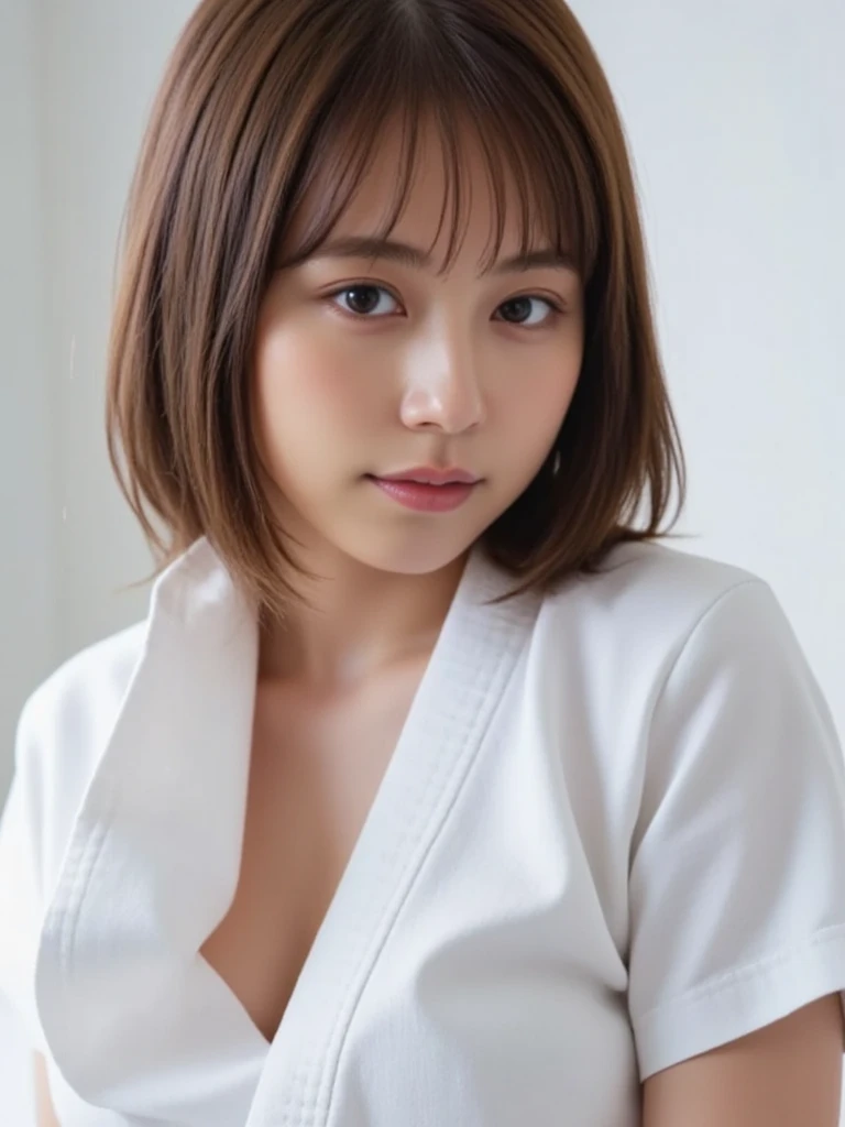ichige style, 1 girl, Alone, Brown hair, heart, hair ornament, , Side ponytail, SMILE, looking at the viewer, Handkerchief, Upper part of the body, heart hair ornament, cardigan, sailor collar, serafín, black sailor collar, hits, yellow eyes, Closed mouth, wide, Brown eyes, purple Handkerchief, striped background, clavicle, striped, moles, Star (Symbol)
