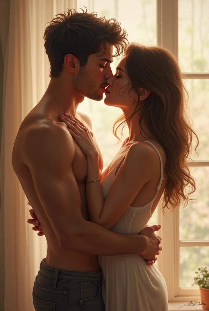 (best quality,ultra-detailed,realistic:1.37),young boy shirtless,passionately kissing woman,saree,leaning on windowsill,natural light,intense and intimate,lustful,romantic backdrop,gentle breeze,soft touches,desire overflowing,exquisite details,emotional connection,blush on their cheeks,subtle expressions,magic in the air.