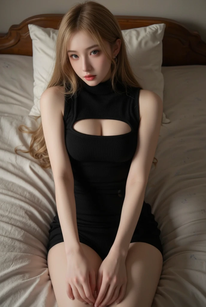 Young asian blonde girl, long wavy hair, waifu, wearing glasses, seductive, beautiful, pretty, attractive, adult-teen, busty, wearing a dress.