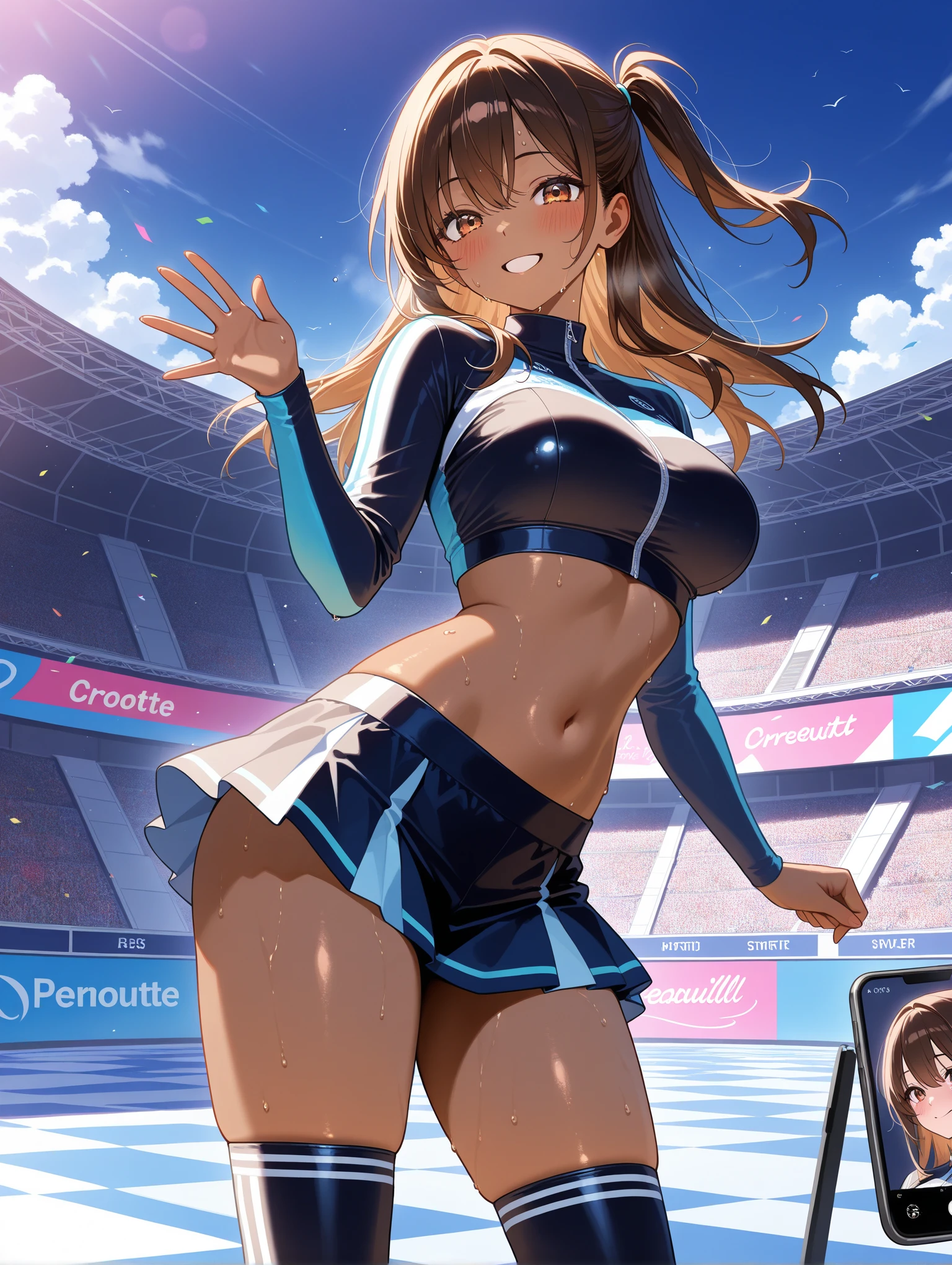 masterpiece, highest quality, Very detailed, ,Fine details, Anime style, One girl, slicked back hair, large breasts、Big Ass、Tight waist、Dynamic Angle、Long Hair、Beautiful Eyes、dark brown hair, Shiny Hair, light brown eyes、smile, sexy pose, bewitching pose, Hands on Hips, ((volleyball uniform))、track and field athlete, Gymnasium、Depth of written boundary、Shorts、