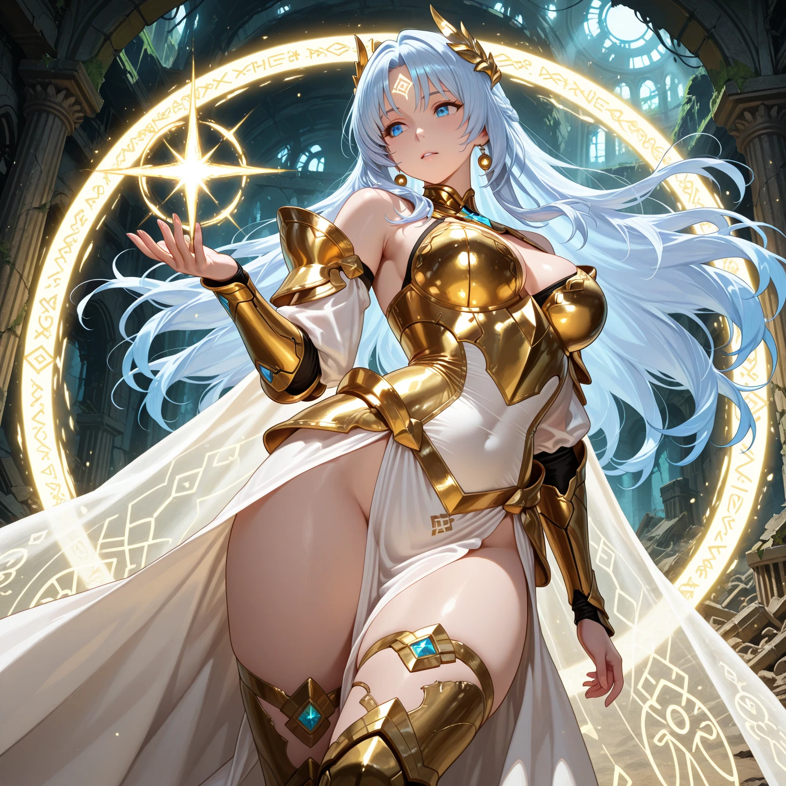 head**: Its head is similar to that of a human being, but with a more ethereal and celestial touch. The head is crowned by a sphere of intense light, que brilha com uma mistura de azul e dourado.
- **Olhos**: Possui seis olhos, distributed symmetrically in three pairs. The eyes are a bright, deep blue, looking like lightning that pierces the darkness. Esses olhos emitem uma luz constante, iluminando o caminho onde Auralith passa.
- **hands and arms**: Auralith has four arms, each ending in hands with elongated, graceful fingers. These hands are covered in golden light, with fingers that seem to be made of solid light, brilhando intensamente.
- **Pernas**: Its four legs are strong and robust, lembrando as de um cavalo, but with an ethereal glow that suggests its divine nature. As patas possuem um brilho dourado, irradiando luz a cada passo.
**Corpo Central**:
- **Torso**: His torso is slender and muscular, covered in translucent skin that appears to pulse with internal light. Ao redor de seu corpo, three rings of golden light float, girando lentamente e emanando um brilho sereno e constante.
- **Cores**: O corpo de Auralith brilha com um espectro de cores que varia entre dourado e azul, criando um efeito visual deslumbrante e hipnotizante. Essas cores parecem se mover e mudar conforme ele se desloca, giving the impression of a being in constant metamorphosis.
- **Sphere and Rings**: Around your head, uma esfera de luz flutua, surrounded by three rings that rotate in different directions. These rings are symbols of your power and dominance over the forces of light and darkness., representando a harmonia entre essas energias opostas. (4k) (Corpo inteiro)