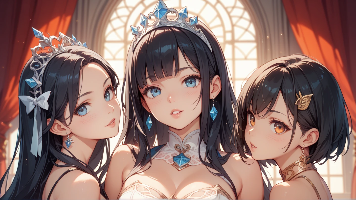 ​masterpiece、top-quality、detaile、hight resolution、extremely delicate and beautiful、simple background、upper body closeup、beutiful breast、Smile、multiple female、5 women、4 females、7 Women、off shoulders