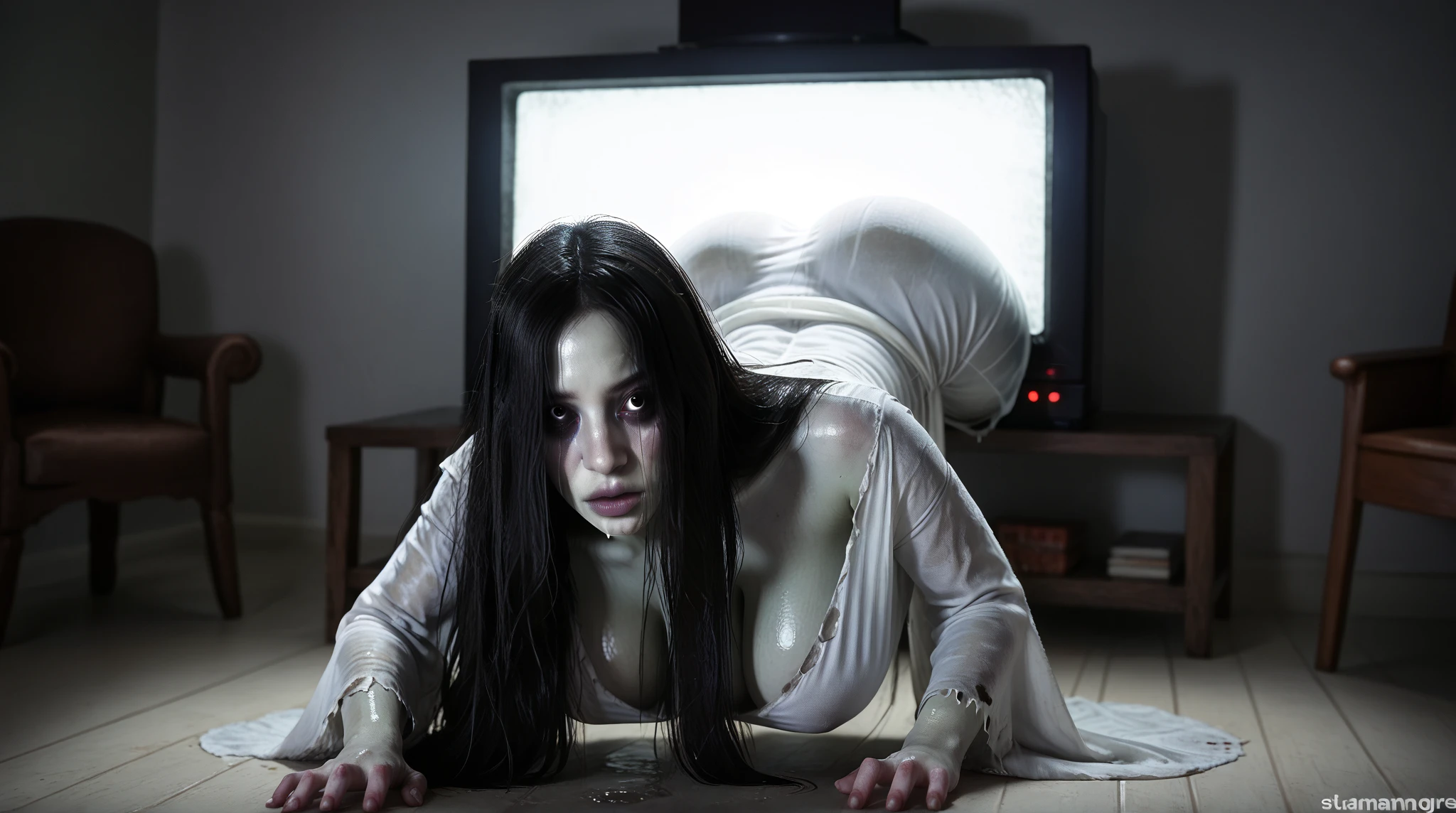 (​masterpiece, Best Quality), (yamamura_Sadako:1.55, Black hair, Super long hair, White sheer dress:1.5, Long bangs:1.75, eyes are hidden by long bangs:1.55, Bare foots:1.2), (Exposed super-giant cleavage:1.5, Exposed details nipples under a sheer dress:1.3, Tongue out:1.75, Super Skinny Body Style:1.2, Full body shot), (lay down on the messy bed:1.35, in the abandoned house:1.5, in Japan, Dark atmosphere:1.55, Darkness of the night:1.55, Dark room:1.55, Horror house atmosphere:1.55), overhead view,