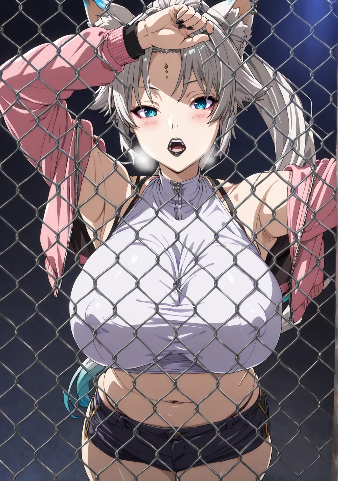 Grayish silver hair Bobcut Black headband tits Ass nsfw Goth Leg spread Pee Sweaty Wet Puddle on the floor Pink nipples Breast bag Underboob The areola is small The ground is a mirror Soaking wet Sticky liquid With legs apart