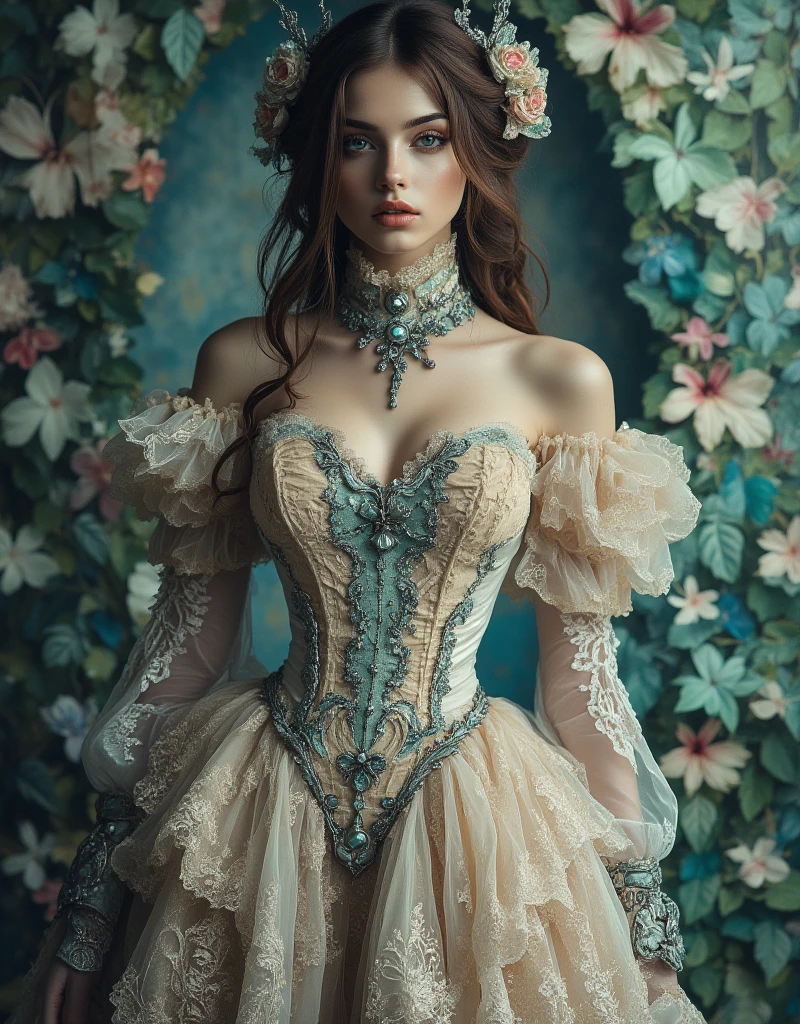 Best quality, masterpiece, ultra high res, raw photo, beautiful and aesthetic,deep shadow, dark theme,(photorealistic:1.4),
1girl, long hair braid, pale porcelain skin, half body,
Graceful poise, evocative atmosphere, magnetic presence, refined seduction, captivating mystique,
Intricate zentangle patterns, a single female figure, astonishing level of detail, generously endowed, striking perspective, a chaotic masterpiece, gracefully poised, vibrant color palette, ((outdoors)), inspired by rococo architecture