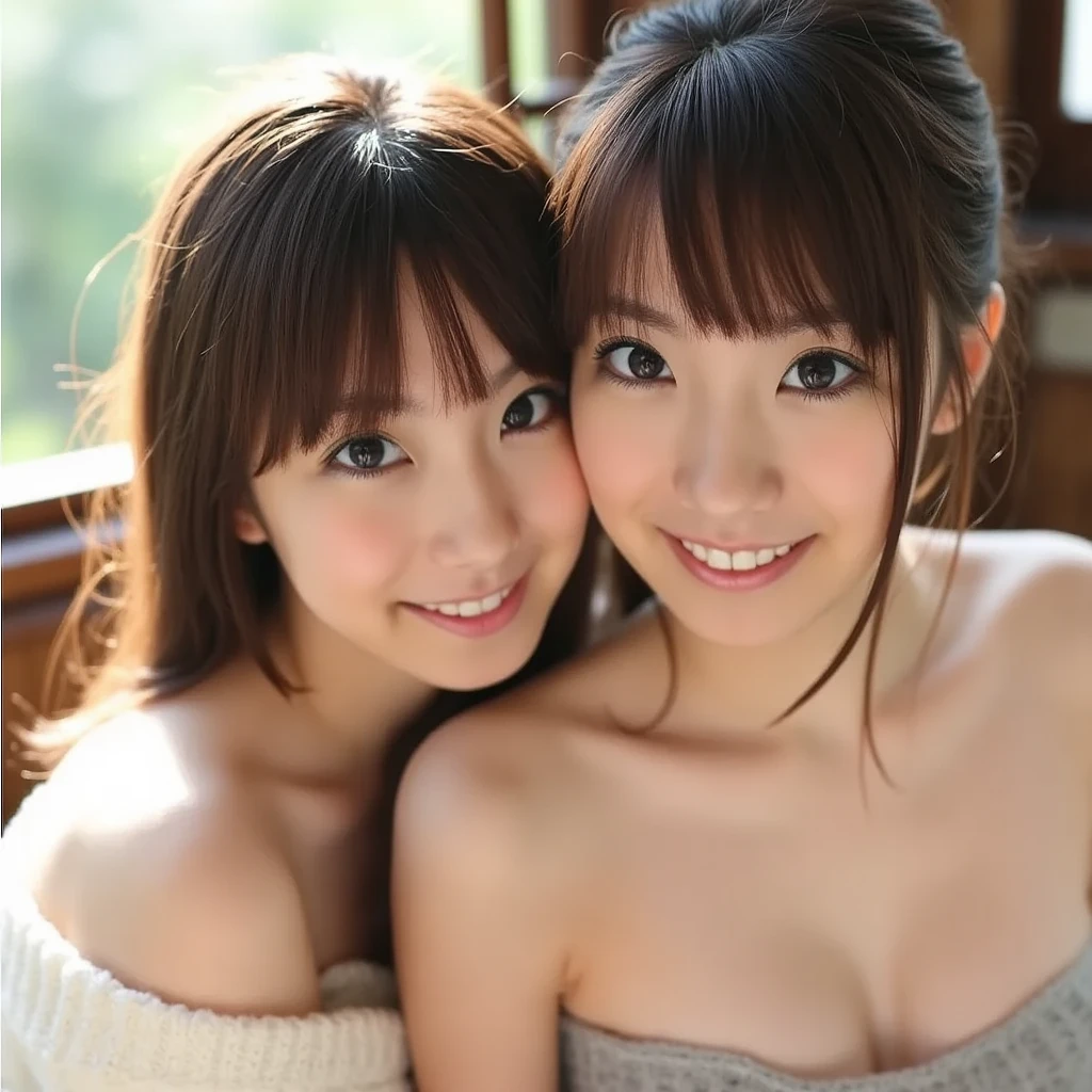 (masterpiece:1.3), (8K, Photoreal, Raw photo, best image quality: 1.4), Japanese high school girl、Similar twins、2 girls、(random hairstyle:1.2)、cleavage:1.2、super detail face、eye for details、double eyelid、chest to chest、sharp focus:1.2、Beautiful woman:1.4、light brown hair、highest quality、masterpiece、Super high resolution、(Photoreal:1.4)、Highly detailed and professionally lit smiles、loose and light knitwear, Two girls are touching each other's bodies because they are surprised that they have exactly the same face.