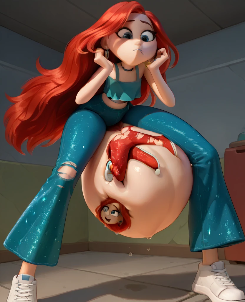 (photorealistic:1.4), (masterpiece, sidelighting, finely detailed beautiful eyes: 1.2), masterpiece*portrait, realistic, 3d face, good photo, 4k, high quality, high resolution, hyper detail, realistic, reality, smooth graphics, realistic sexy wears, 3D, best resolution, sexy, good contrast, perfect shading, realistic skin texture, finely detailed, dramatic lighting, realistic lighting, amazing shadows, sexy and hot, huge breasts, huge butts, thicc thighs, everything she wears is tight, shiny and skinny, , shiny hair, extreme shiny skin, tight skinny shiny latex long pants, lying on stomach