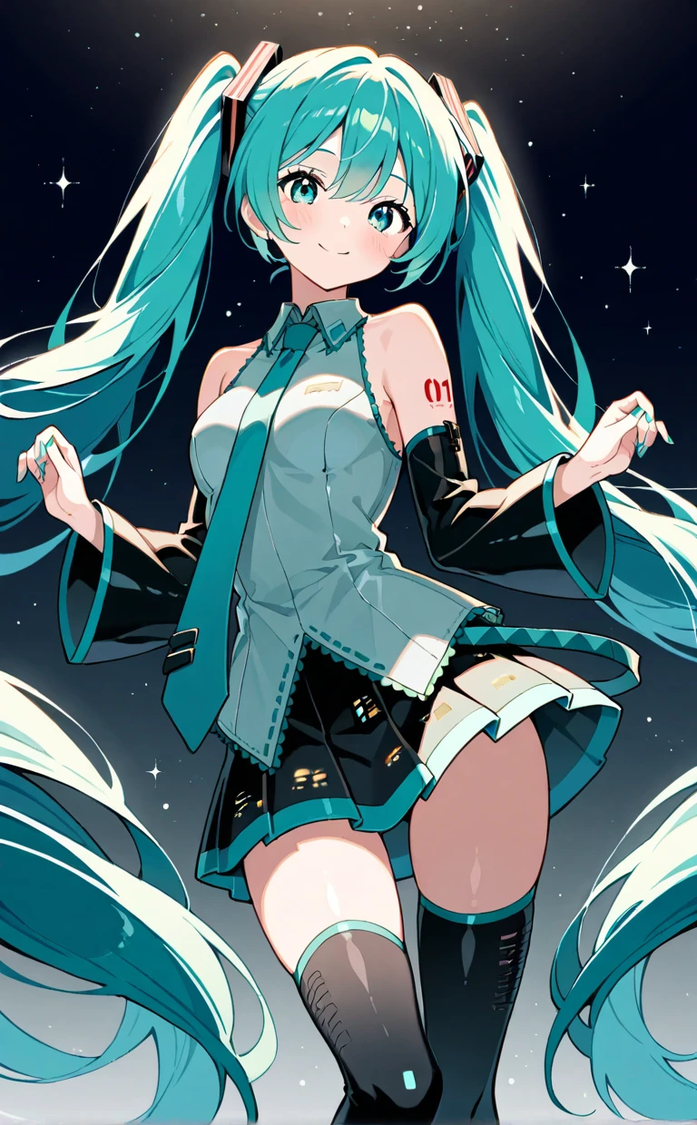 hatsune miku　Show from head to thigh　cheeks are red　Natural Laughing Face　cute face　Live venue　small breasts　small ass　good style　color々color of light