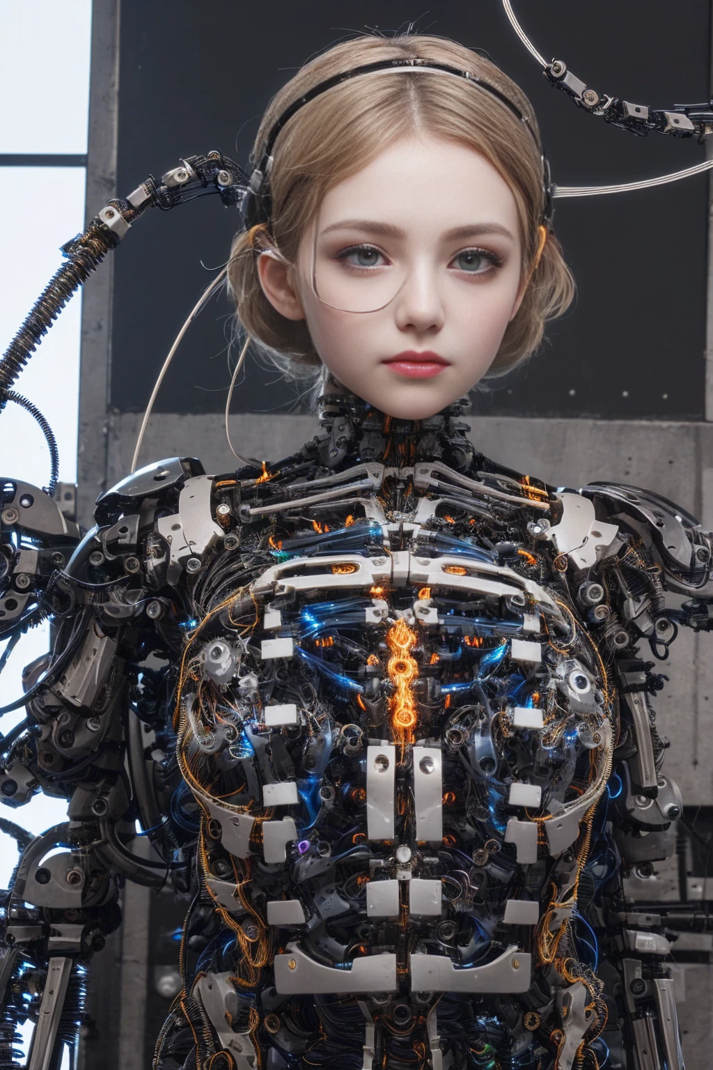 1 woman, beautiful woman, female robot, female cyborg, futuristic cyborg, slender humanoid, graceful humanoid, intricate mechanical parts, intricate robotic parts, hyper-detailed anatomy, hyper-detailed physique, 1/2 body shot, high quality, 4k, 8k, highres, masterpiece, ultra-detailed, realistic, photorealistic, photo-realistic, HDR, intricate details, hyper-detailing, natural skin textures, hyper realistic, soft lighting, sharp focus