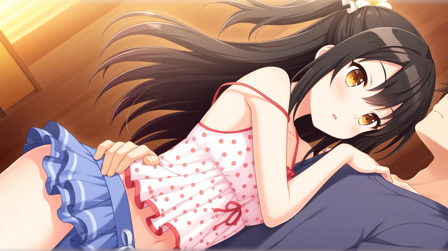 1girl, black hair,red eyes,masterpiece, best quality, high quality,medium breasts,(((white t-shirt,red underwear,bare legs))),((lying on the back, on the bed,in the hospital))