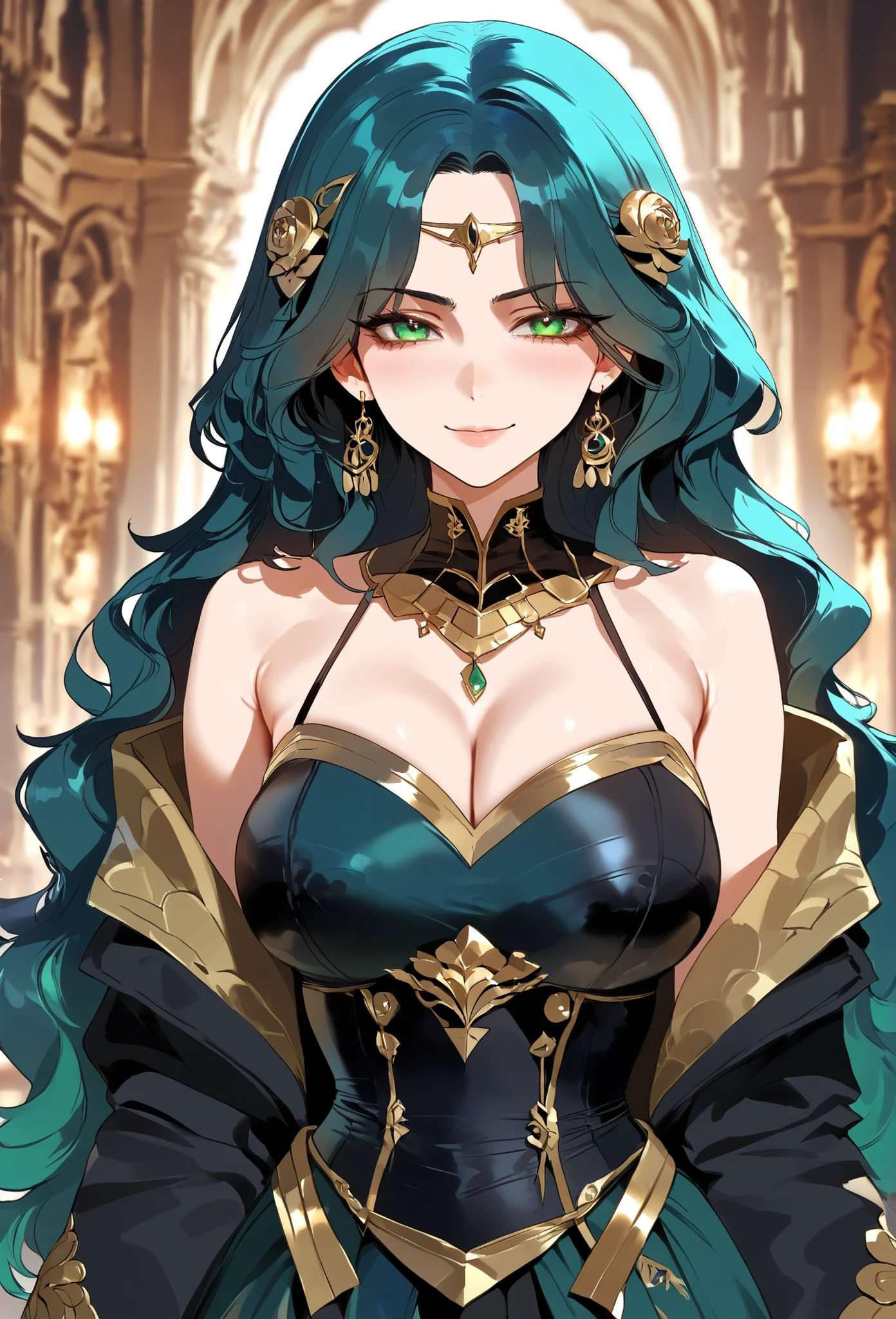 ((masterpiece)), (best quality), (ultra-detailed), (Powerful illustrations),(extremely detailed CG),(4k post processing is very detailed),(cowboy shot),(dynamic lighting),(caustics),(high resolution),20s, Egyptian, ebony skin, sorceress, fascinating woman, sexy woman, robes, Horus eyes, green hair, gold necklace, gold ring, mysterious atmosphere, Illuminati
