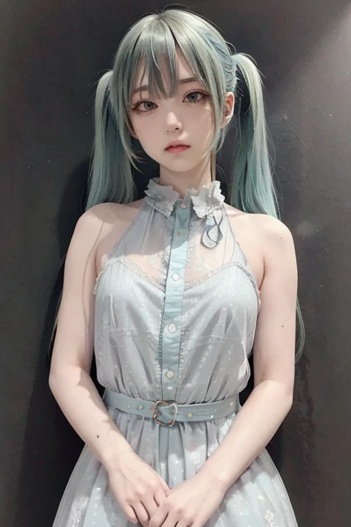 The innocence, dark green hair, Twin tails, Arms behind the back, White dress, black waist tie, a girl,blue eyes,