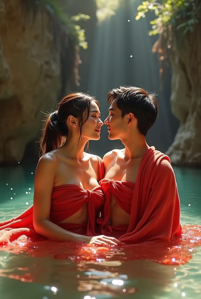 On a rainy night,On an area covered with leaves,surrounded by trees, and the rain, A tall, half-Thai-French young man.,black hair,Sleeping, hugging and kissing a beautiful Korean girl.,20 years old,They were both naked.,Use each other's arms for warmth.,The background is inside a cave with a bonfire burning.,photorealistic.--ar 16-9 size.