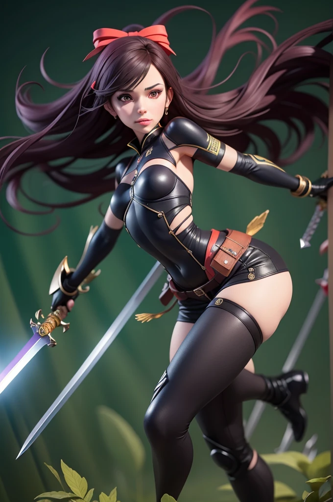 A superheroine wearing skimpy outfit, sleeveless, long hair, flying, wielding daggers, no cape, no mask, dynamic pose, 3d, (8k), detailed texture,(hyperdetailed), (photo realistic), cinematic light, cinematic action, highly detailed, realistic, Isometric, full body, in frame, driven expression, dark theme, (extremely detailed eyes), detailed symmetric realistic face, extremely detailed natural texture, masterpiece, extremely detailed, amazing, fine detail, rich colors, hyper realistic lifelike texture, dramatic lighting, unreal engine, trending on art station, photo realistic, RAW photo, high quality, high res, sharp focus, extremely detailed, cinematic lighting, 8k, high definition, cinematic, neoprene, unreal engine 5, ultra sharp focus