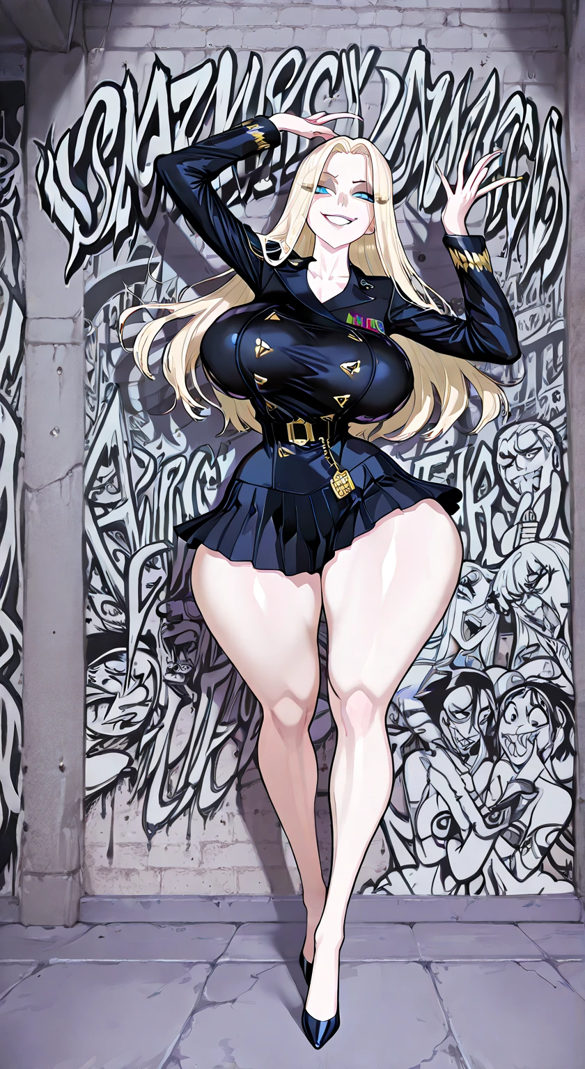 blush, smileglowing aura, natural light, masterpiece, glossy skin, juicy lips , sexy, hot, cleavage, evil,juicy lips, bimbo, ((Cynthia )), pokemon, hour glass figure, blonde hair, (slendered abs:1.4), wide eyes, blue eyes, (gigantic breasts:1.2), hair covers one eye, dark lighting, long hair, (black boots), light blonde hair, juicy lips, ((black unitard:1.2)), ((black coat:1.3)), fuzzy boots, (((smirk)))