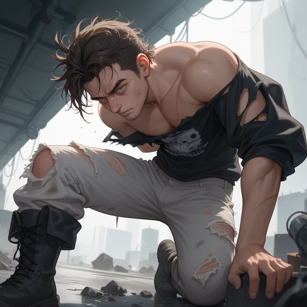 Close up, there's a naked teenager man with tiger clothes, captured, topless, Sexybody, Muscular, veins, full body, anthropomorphic, extra detailed body, detailed body, Best quality, masterpiece, ultra high res,detailed background,realistic, real shadow and light, depth of field, (look from above), (look at viewer), topless, open mouth, two colors eyes, collar, chains, tiny underwear, on the floor, sweaty, torn underwear, Dirty body, hands tied by chains, chain leash, huge bulge, huge crotch.