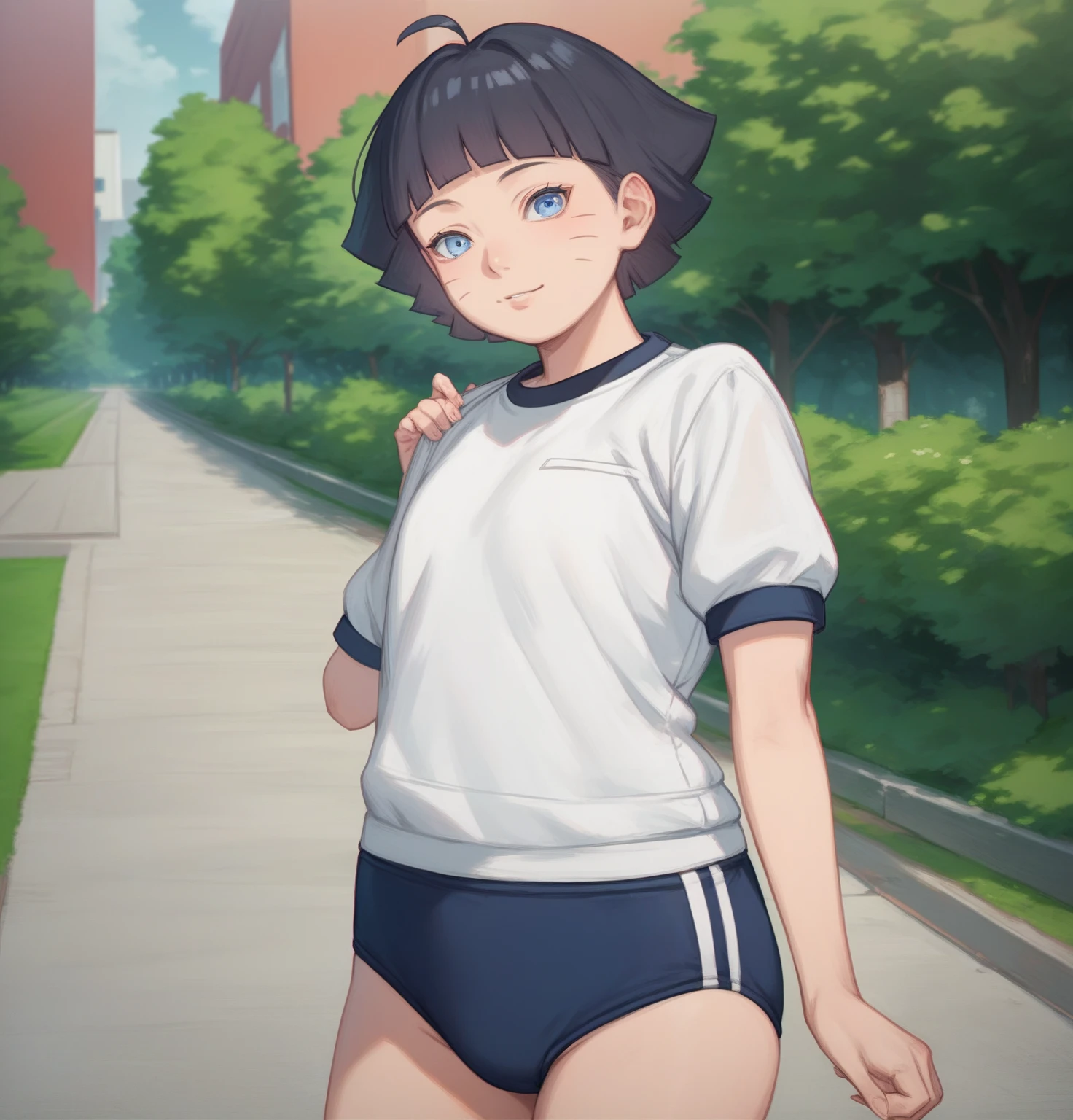 (masterpiece:1.2, Highest quality,High resolution,Very detailed),(Best illustrations),8k,wallpaper,(1 girl),(Middle school students),(A small spotted owl is on his head.),(White gym clothes),(Navy Blue Bloomers),cute,There is no motivation,(front:1.6),(garden:1.6),(jp_buruma)