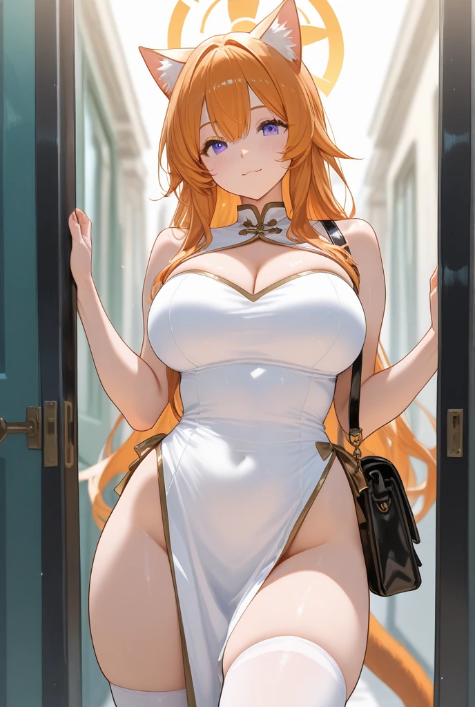 masterpiece, best quality, ultra-detailed, 1girl (namiop, sexual slavery of old man,Big and pretty breasts,naked body, jewelry, earrings, dog collar(chains), orange hair,long hair, brown eyes, empty eye), a shallow face, wicked smile, pink lipstick, soft makeup, parted lips, facing viewer, looking at viewer, solo, nude, see-through dress,  long dress, cleavage,  sideless, wanostyle, in the bedroom, slave ,  standing,  Sexy waist teasing, come-on, lure 