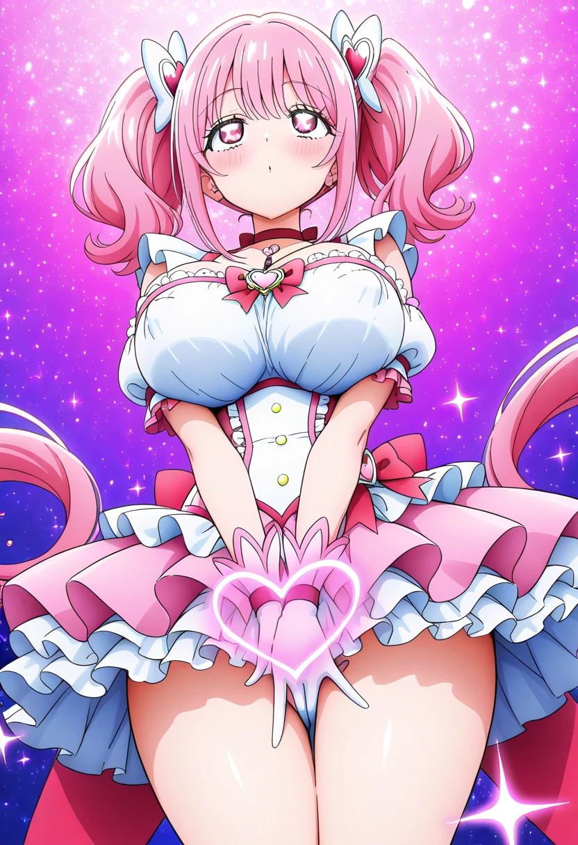 (Masterpiece, Best Quality, High Quality),volumetric lighting, illustration, beautiful, tight , Blushing, looking at viewer, pink strapless bikini, deeply blushing,solo,confident, seductive, (embarrassed:1.1), perfect lighting, perfect shadows, flower, (breathtaking scenery:1.1), tennouji rina,pink hair , yellow eyes,in sky, white clouds, short hair ,sweaty,sweat drops , smile , heart fingers