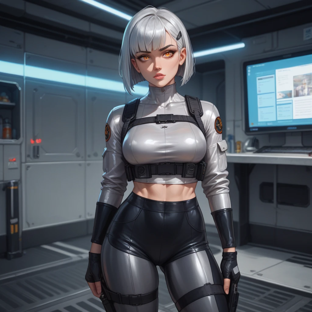 Cyberpunk Edgerunners, 1girl, Lucy \(cyberpunk\), blue eyes, cyber eyes,, pale skin, petite figure, (medium chest, wild girl, small head)), daylight, sunlight, (perfect body: 1,1), (young), (short wavy hair: 1,2), white hair, ((hair with bangs)), collar, full length, crowded street, wearing a tight cropped ((black latex sports bra), ((black latex panties) ),black latex panties, (extremely detailed CG 8k wallpaper), (an extremely delicate and beautiful), (masterpiece), (best quality: 1.0), (ultra high resolution: 1.0), gorgeous lighting, perfect flashes , realistic shadows, [high res], detailed skin, extremely detailed, pale skin, camel toe, barefoot