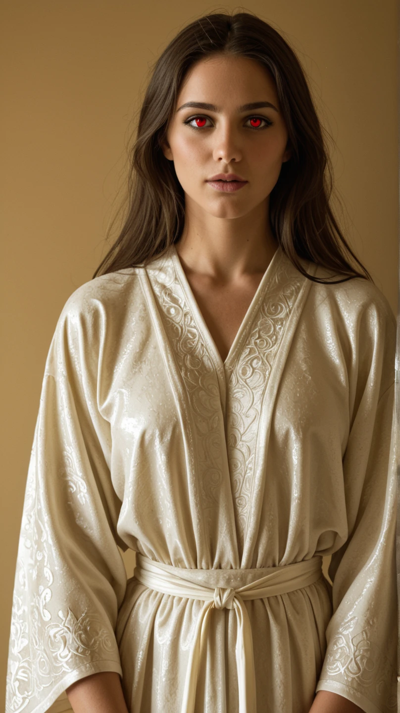 Belle femme caucasienne mature aux courbes généreuses et pulpeuses, posant de face en regardant droit devant, portant paréo une coupe de cheveux garçonne, une pose détendue, réaliste et ????, des détails complexes, des couleurs de portrait neutres