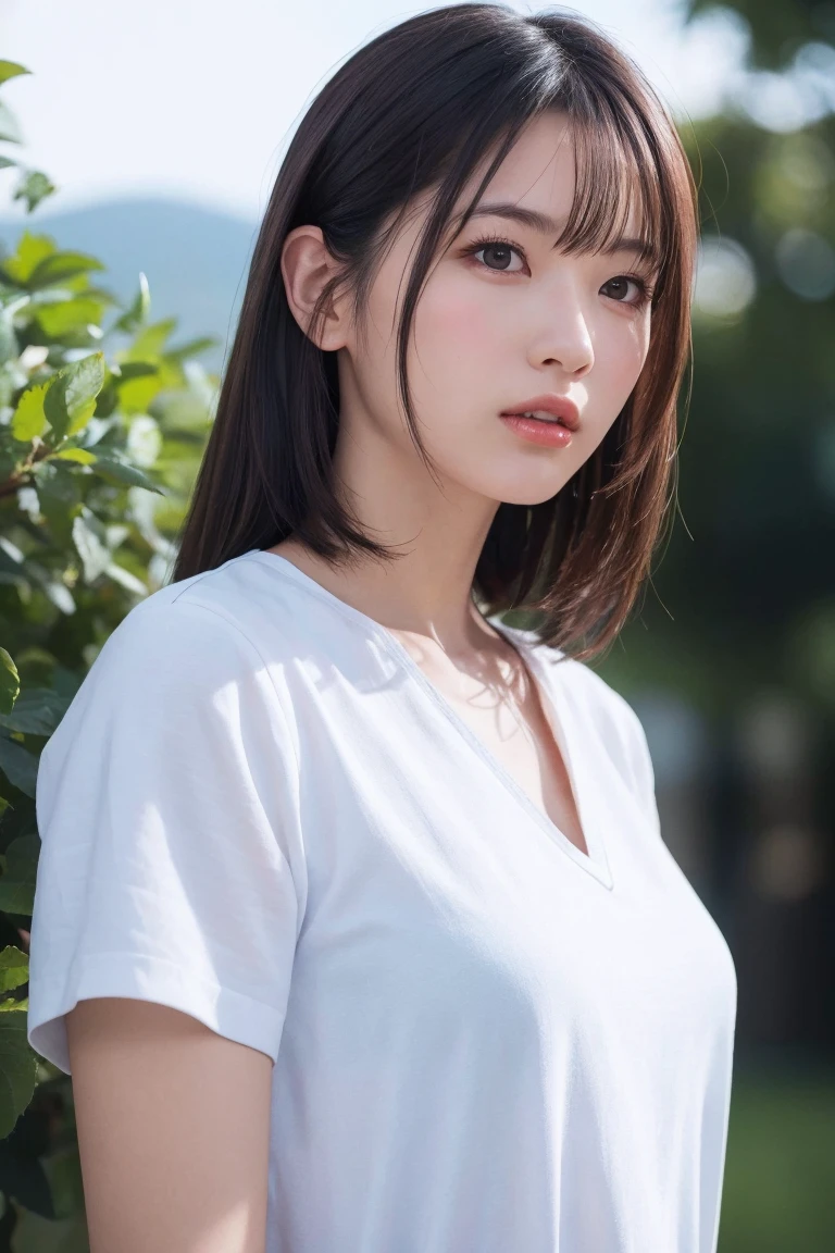1womanl, up of face, mideum breasts, light brown hair, Blunt bangs, hair behind ear, hair over shoulder, Long hair, slender body shape, Ultra Fine Face, Thin face, Delicate lips, Beautiful eyes, thin blush, eyes are light brown, perfect glossy skin, flawless skin, Glistening sweat,View here, Ultra-thin hands, Ultra-fine fingers, best ratio four finger and one thumb, (realisitic:1.3), Finger Extensions, See-through white blouse. White beret,, Broad-leaved forest, One-person viewpoint, Fuji Film, F/1.2, 8K, masutepiece, nffsw, Super Detail, High quality, Best Quality, hight resolution,