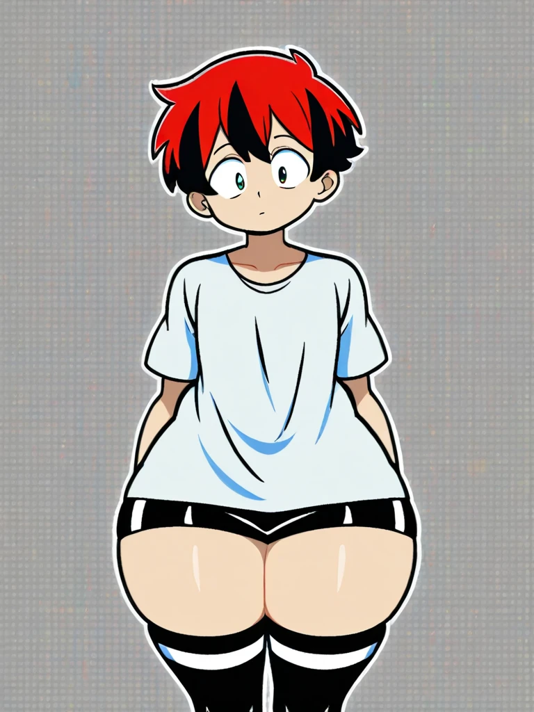 solo, The Q version of the cute human, male, orange hair, freckles, short hair, round eyeglasses, big eyeglasses, human ears, standing, side view, profile view, smiling, eyes looking at the side, happy, smile, cute, white background, naked, nude, full body, small balls, small penis, flaccid penis, shorstack, chubby,