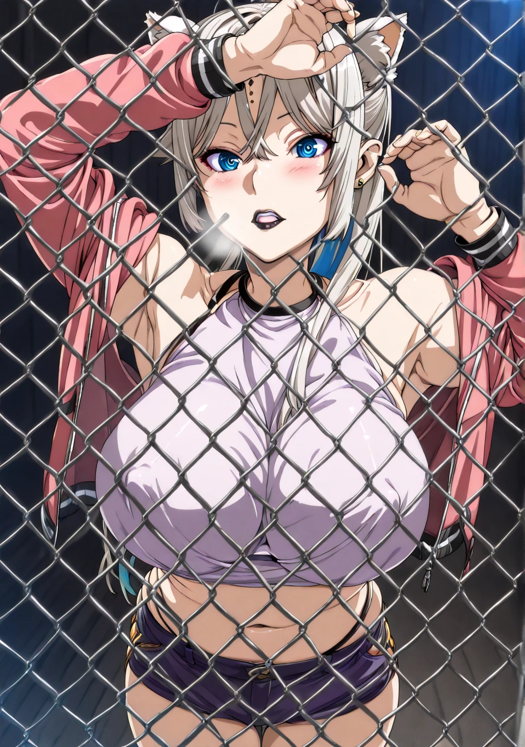 ((masterpiece)),((best quality)),(ultra-detailed),(an extremely delicate and beautiful),detailed backgroud, ((((1woman,tall stature)))and(((1shota boy,short stature)))),((((hetero)))),(height difference),(((wrestling ring))), (1woman),((((silver wolf/(Honkai:star rail/)))),(curvy:1.4),(huge breasts), pale skin,shiny skin, long hair,ponytail ,drill hair,hair between eyes, eyewear on head, navel, midriff,((She wears jacket, black jacket, sunglasses, gloves, black gloves, fingerless gloves, shorts,black shorts, shirt, white shirt, choker, crop top, fur trim)),(rolling eyes:1.4),(ahegao),(trembling),clothing aside, nipples,sex from behind, standing sex, bent over, grab her arms, ((((motion lines)))), vulgarity, clothed,(cum in pussy:1.4),cum on clothes,cum on breasts,cum in mouth,cum on hair,(excessive cum:1.4), ((((1shota boy)))),(petite),penis,dark-skinned shota boy,interracial,