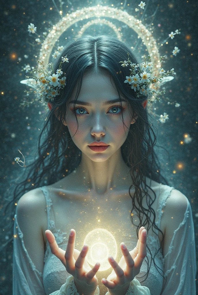 1girl, cowboy shot of beautiful elf druid, athletic, colored skin, purple skin, white eyes, black hair, green dress, flower crown, dark fantasy, dark atmosphere, forest, ((night)), moon, glowing butterflies, volumetric lighting, best quality, masterpiece, intricate details, tonemapping, sharp focus, very detailed, trending on Artstation, realistic, 8k