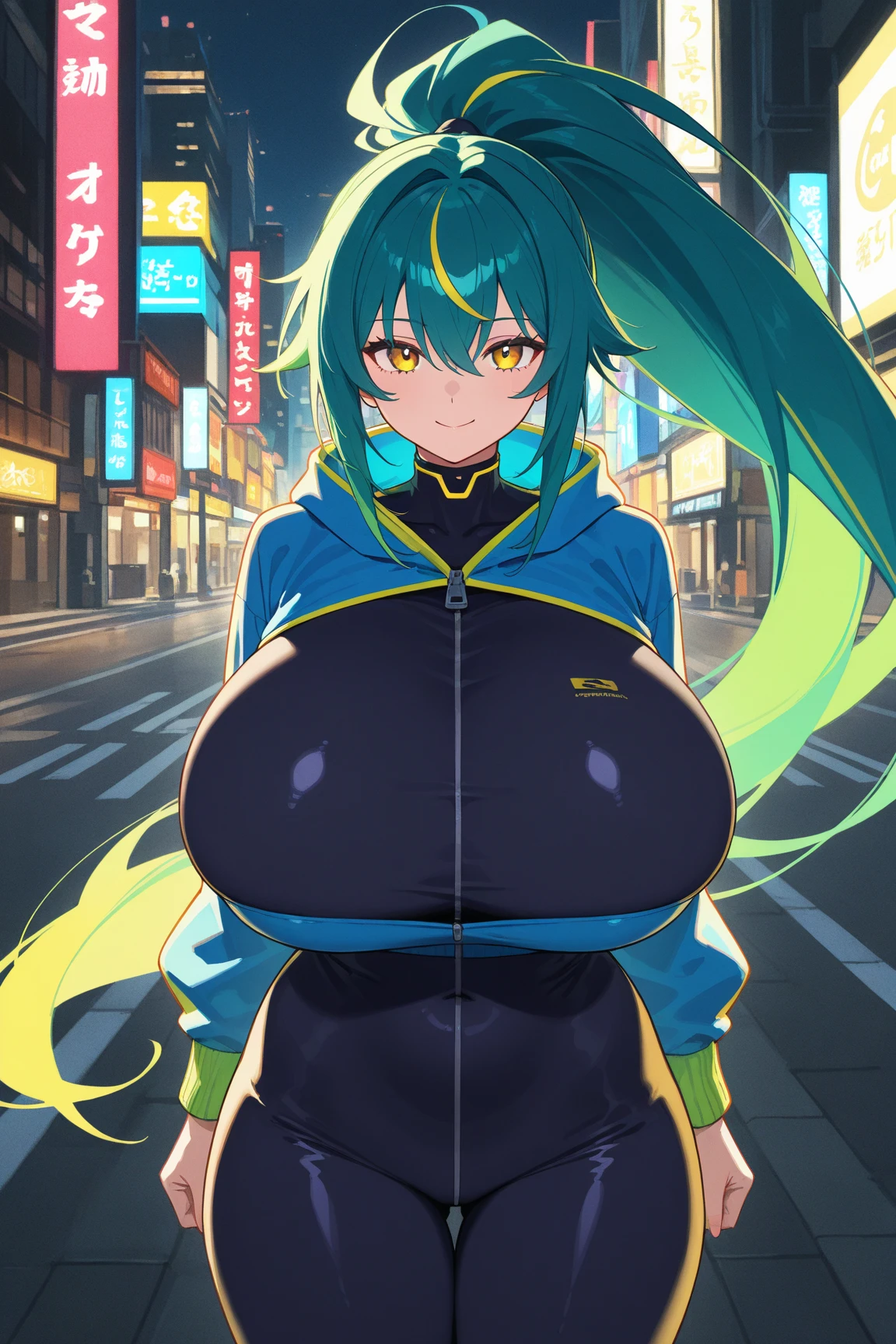 (Seminude),Dynamic angle,1girl,Solo,(Gigantic breasts),(Tomboy),(Cool girl),(Dark skin),(Tall girl),(Sporty girl),(Toned Abs),(Jeans or denim),(Leggings),(Slightly open jacket:1.3),(Unzipped jacket),(Jacket wear over No Bra),(Black street jacket),(Fluorescent interior jacket),(Black sports cap),(Black sneakers),(Black belt),(Low ponytail hair),(Curly Hair Styles),(Jet black hair),(Light green dyed tips hair),(Heterochromia),(Golden right eye),(Blue left eye),(Black eyelids and eyeshadow),(Listlessness),(Sunlight city with blue sky),Outdoors,Glowing,4k,Absurdres,Best quality,Masterpiece,Detailed illustration,Destructive art,Opulent,Insanely detailed,Ultra-highres,Ultra-detailed,Ultra detailed eyes,Ray Tracing,Illustrated,Reflected Light