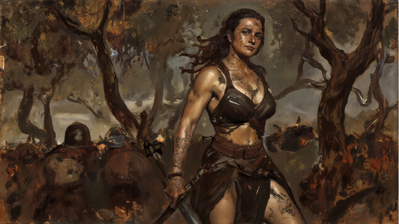Drawing inspiration from modern masters like Range Murata, the artwork should encapsulate As unyielding rain turns into shimmering medals and handwritten notes, Long, weary lines of barbarian woman trudging back from the front, her body is sexy, shadows of the woman they once were, deep digital painting layers, meticulous detailing, soft ambient lighting, vibrant colors,