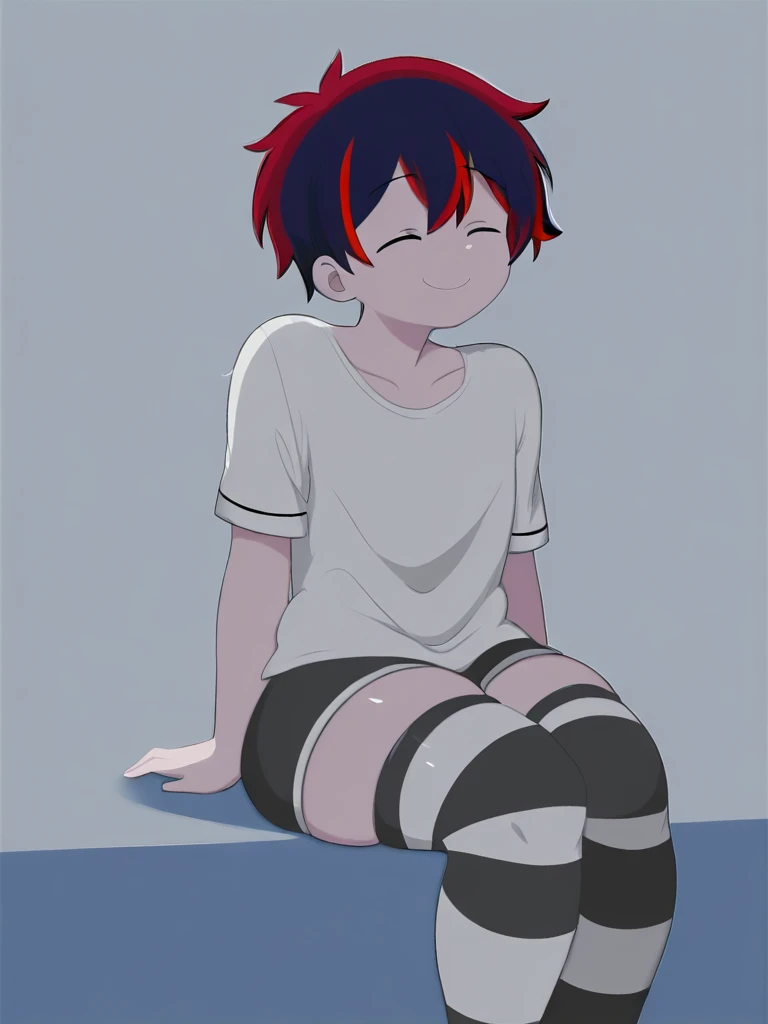 beautiful, masterpiece, simple background, best quality, Edward, tomboy, tan skin, orange hair, spiked hair, brown eyes, goggles on head, midriff, white shirt, loose shirt, off shoulder, barefoot, bike shorts, detailled image, colorfull, vibrant colors, simple background, detailed face, perfect lighting, pefect shadows, perfect eyes, perfect hands, perfect hair, pefect face, grin, solo, center focus, looking at viewer, navel, IvanFloro, small body, sitting on a couch, eyes half open, both hands behind her head