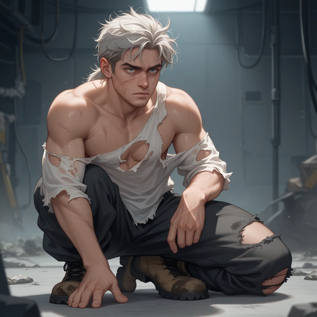1boy, anthro, solo, frown, silver fur, white skin, rabbit, (pain:1.3), (drooling:1.1), struggling, defeat, (from above:1.1), dominated, arms up, kneeling, male, topwear, thin waist, anthro, (small crop top:1.2), (sweat:1.4), (bind:1.3), thin waist male, big hip , bottomwear pajama shorts, 8k hd, extreme detail, detailed background, red room, by Pino Daeni, (by ruaidri), by virtyalfobo