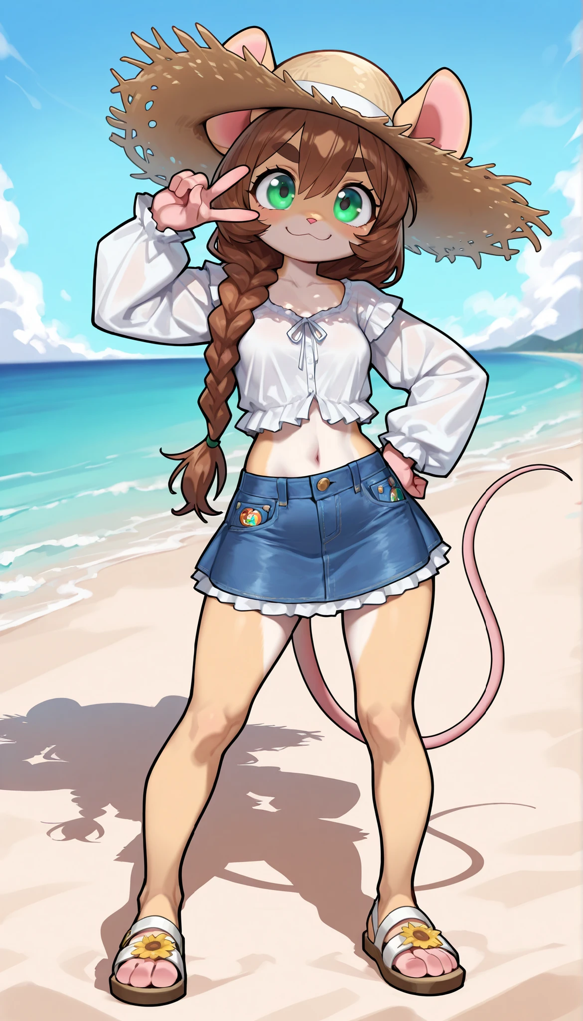 score_9,score_8_up,score_7_up, source_cartoon, source_furry, Furry girl, mouse, cute hair, long big braid, brown hair, green eyes, small breasts, detailed body fur, ((wide-brimmed hat, blue jacket, green cute bikini, open clothes)), masterpiece, looking at you, clear brown body fur, detailed face, big eyebrows, detailed eyes, detailed body, detailed hands, glistering body, perfect lighting, perfect shadows, perfect eyes, perfect hair, perfect face, gorgeous body, full body, feets with three toes, 3toes, simple backgroud, white background,