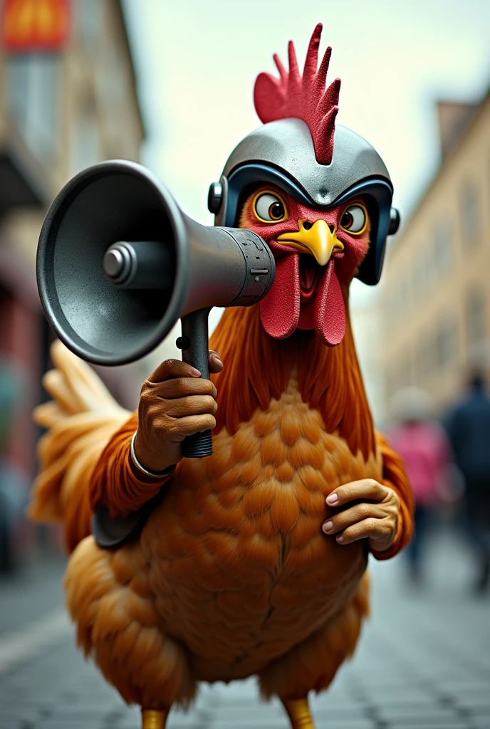 Realistic cartoon fighting cock holding a megaphone to announce
