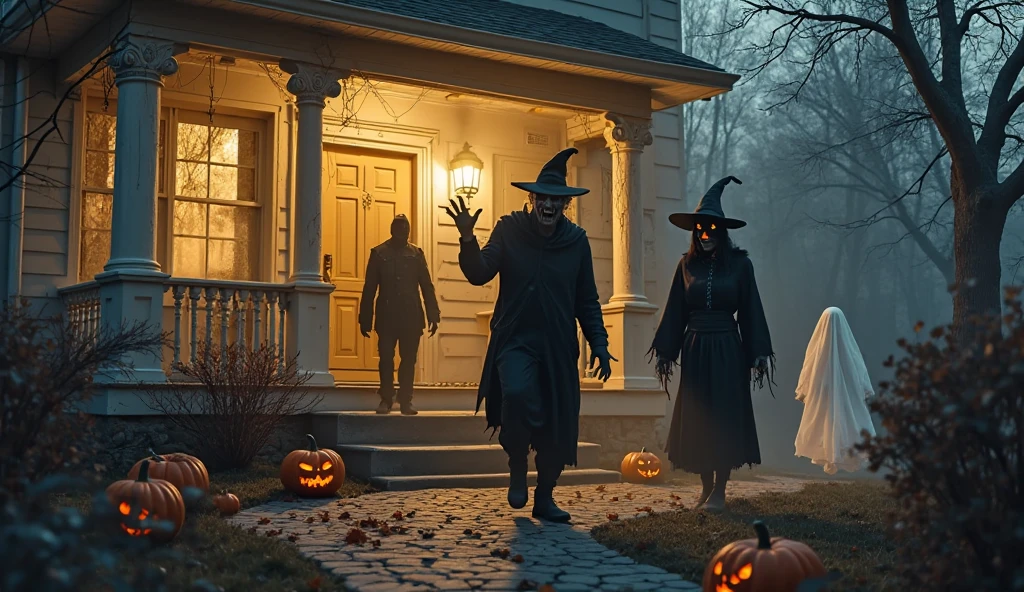 a creepy and eery Halloween setting, with Jack o lanterns on the street and shadow figures lurking about, dynamic lighting, photorealistic fantasy concept art, stunning visuals, creative, cinematic, ultra detailed, trending on art station, spooky vibe, 4k, RAW photo,  