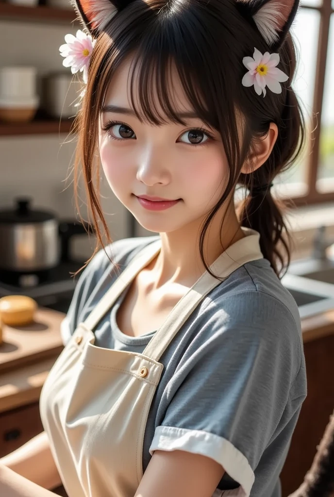 Ultra High Resolution, (Realistic: 1.4), RAW Photo, Best Quality, (Photorealistic), Focus, Soft Light, ((15 years old)), ((Japanese)), (Front, Young Face))), (Depth of Field), (One Piece), Masterpiece, (Photoreal), Woman, Bangs, (( apron, grin, 1 Girl))