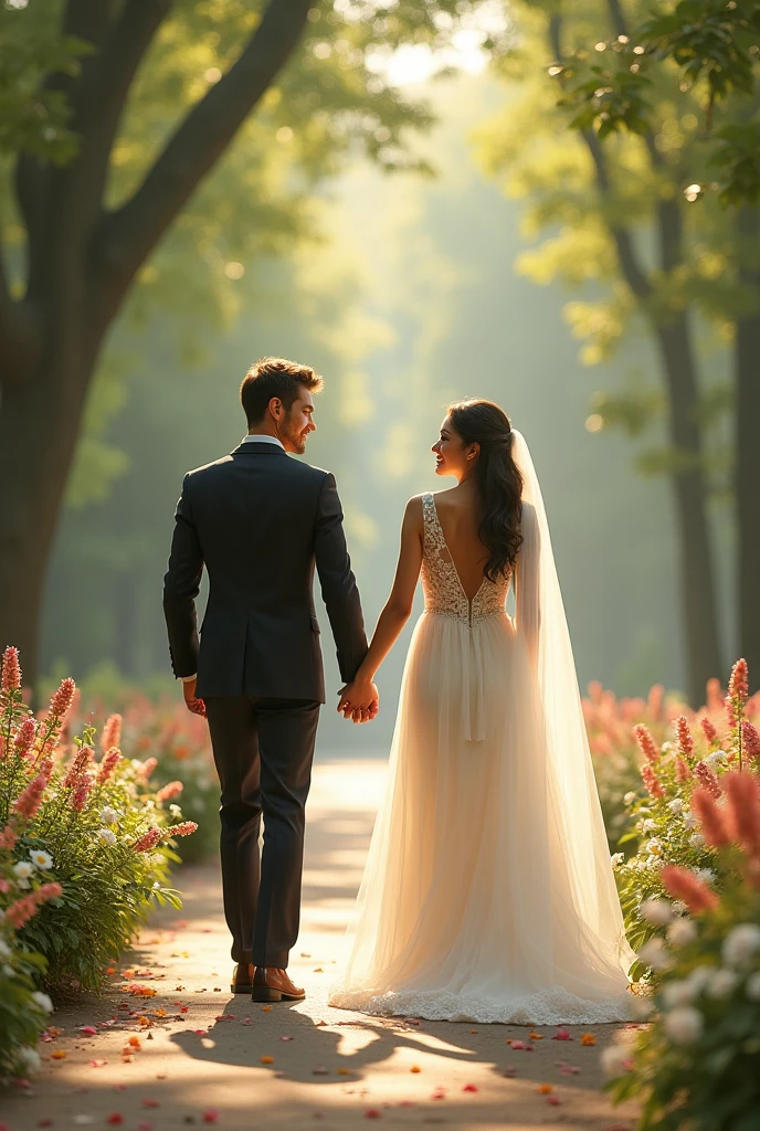 (appearance of 2 person+short hair+smiling+holding hands:1.2),(romantic atmosphere+beautiful sunset light+soft focus),(idyllic forest+depth of field+beautiful mist),warm color grading,sparkles.