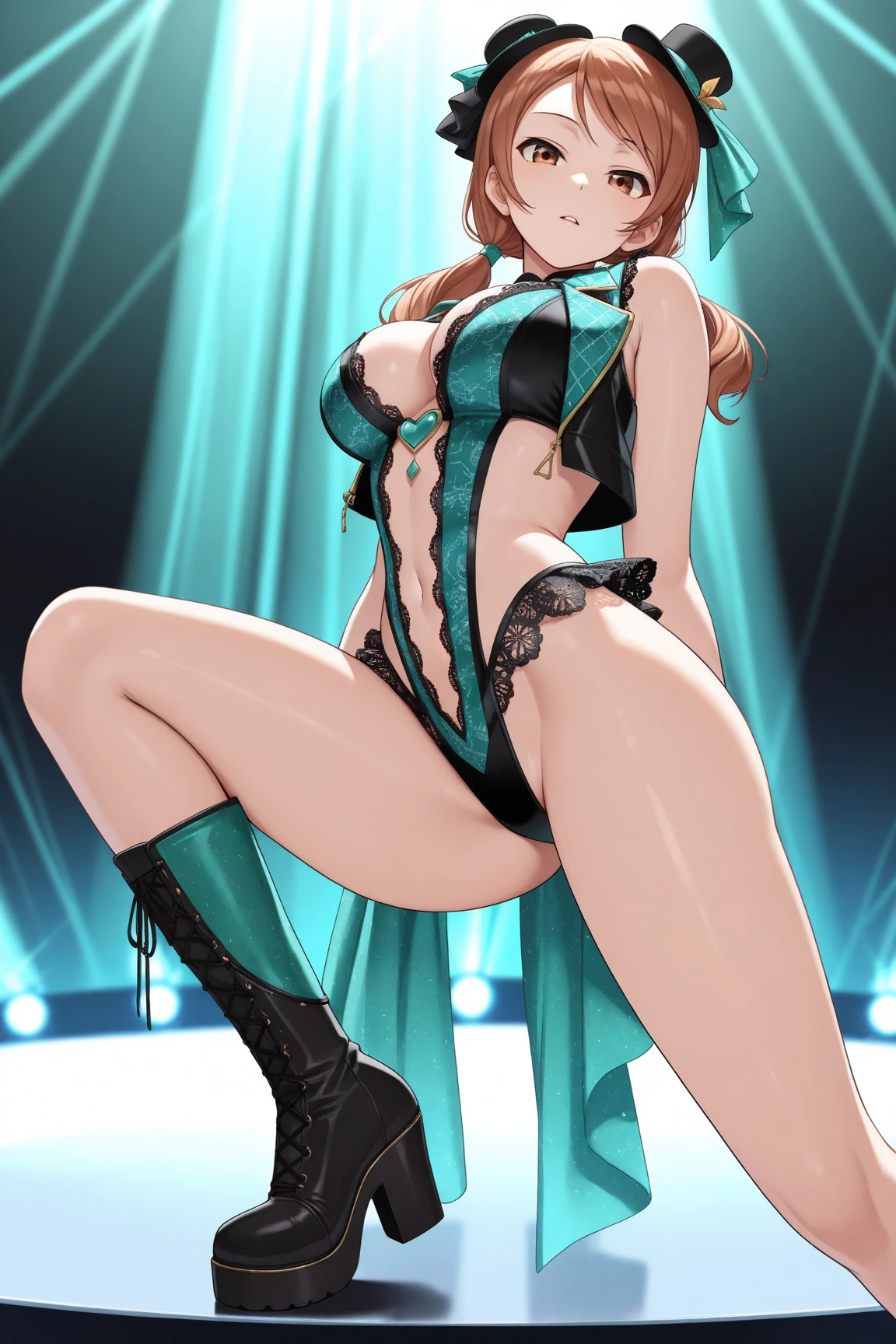 A cute woman in a sexy costume as a dinosaur, playful, dancing, on stage at a ladyboy bar in Bangkok. she is loving the attention
